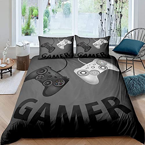 Juego de funda de edredón con estampado de gamepad para niños, juego de ropa de cama vintage de videojuegos, funda de edredón para juegos, color negro y blanco, decoración de dormitorio de juegos