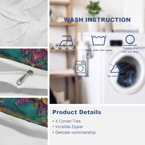 Batmerry Ornate Artwork Jewel Toned Queen Size 3 pieces Bedding Duvet Cover Sets, Soft Fluffy Swirling Exotic Aesthetic 100% Cotton Printed Duvet Cover for All season - Image 5