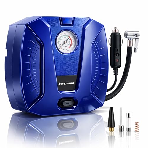 Bergmann Striker Compact & Portable Car & Bike Tyre Inflator | 12V DC, 120W, 100% Copper Motor | High Precision Metal Gauge | Braided Hose | LED Light