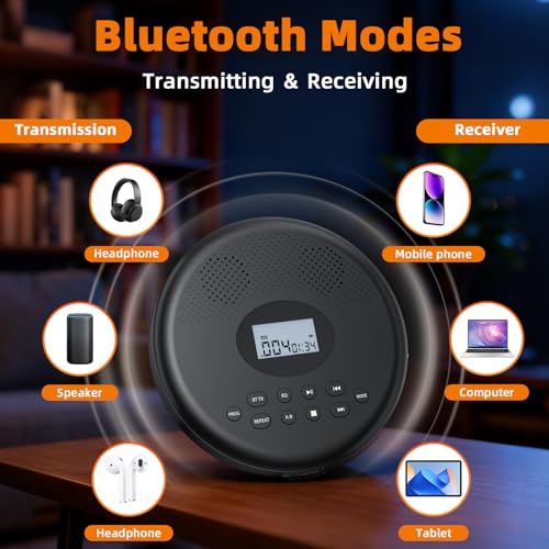 Image of Arafuna Portable CD Player with Bluetooth, Rechargeable CD Player for Car /Home with Headphones, Anti-Skip, LCD Display, AUX /TF Card Port (Black)