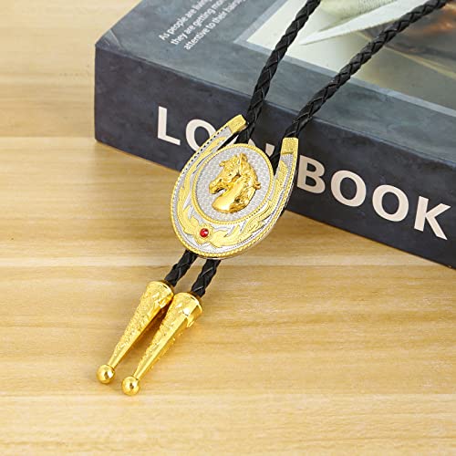 Image of Jeilwiy Bolo Tie for Men, Western Cowboy Golden Longhorn Bull Eagle Horse Cowboy Hat Bolo Necklace Leather Necktie for Women