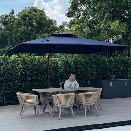 PURPLE LEAF 9' X 12' Double Top Deluxe Wood Pattern Rectangle Patio Umbrella Offset Hanging Umbrella Outdoor Market Umbrella Garden Umbrella, Navy Blue