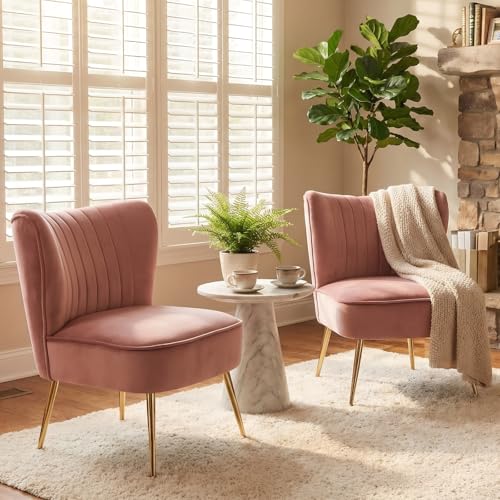 DUOMAY Modern Accent Chair Set of 2 Velvet Slipper Chair with Gold Legs Wingback Side Chair for Living Room Bedroom Entryway Small Corner Chair for Space Saving, Blush Pink