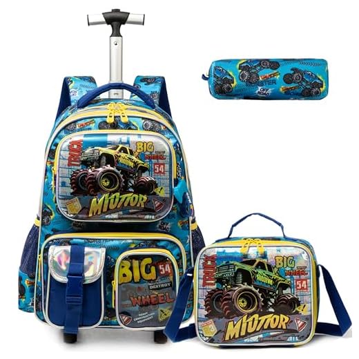 Egchescebo Kids Rolling Backpack for Boys Car Suitcases Trolley Roller Luggage Backpacks on Wheels with Lunch Box Pencil Case for Elementary Multiple Function Pockets Travel school Bag Yellow