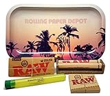 Bundle - 5 Items - RAW King Size Supreme, 110 Roller and Pre-rolled Tips with Rolling Paper Depot Rolling Tray (Retro Palms) and Kewl Tube