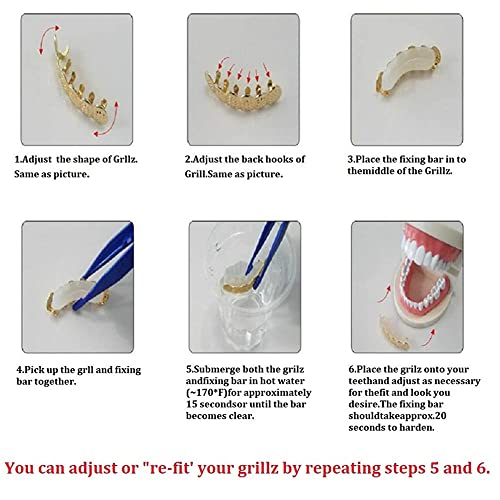 18K Gold Plated Hip Hop Teeth Grillz Caps 2pc Single Fangs and 6 Bottom Grillz Set for Your Teeth Grills for Men Women Rapper Accessory4