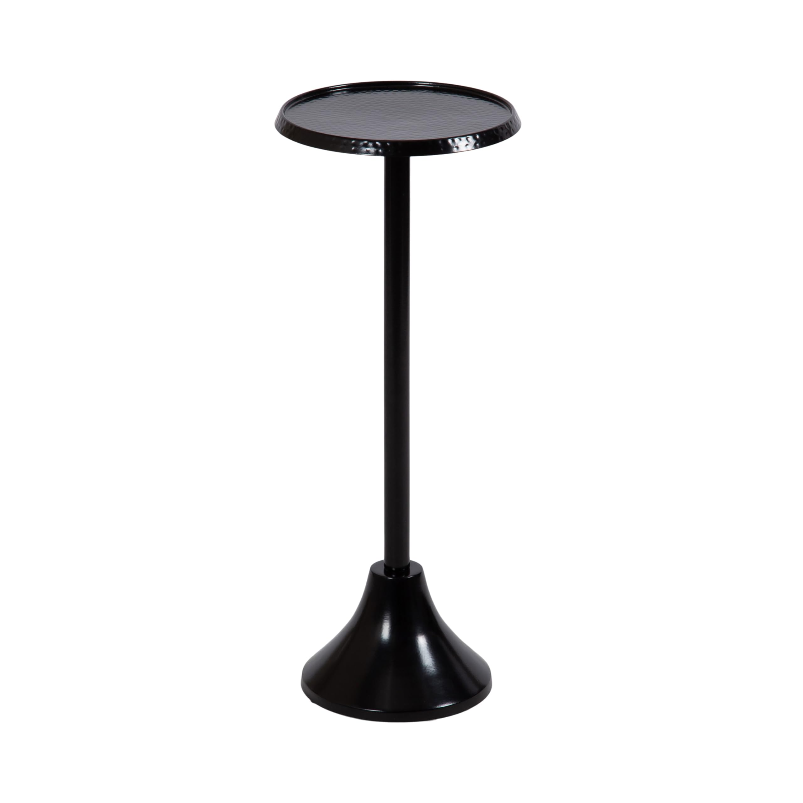 Kate and Laurel Sanzo Modern Pedestal Outdoor Drink Table; 9 x 9 x 23; Black; Decorative Outdoor Patio Table for Deck with Hammered Tabletop for Use