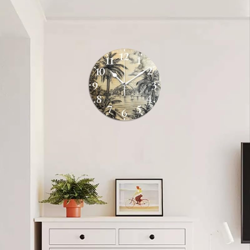 Battery Operated Round Wall Clock Non-Ticking Silent Analog Clcok Decorative for Living Room,Office,Kitchen-Black and White Landscape Painting of A Tropical Coast(16inch)