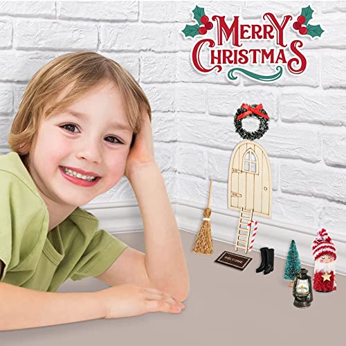 BINXWA Gnome Door Accessories Christmas Tree Decorative Wreath Gnome Door Wooden Christmas Gnome Small Wall Hanging Christmas Decoration Gnome Door Set - Image 5