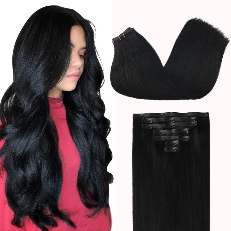 Image of GOO GOO Clip in Hair Extensions Real Human Hair, Remy Human Hair Extensions Clip ins for Women, Natural Human Hair, 20inch 110g 7Pcs, 1 Jet black