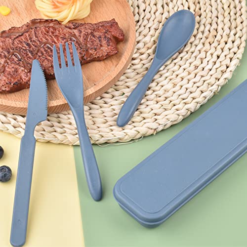 Plastik Besteck Mehrweg Set, 1 Set Reise Besteck mit Etui, Camping Besteck set, Tragbare Utensilien, für Lunchbox, Schule, Picknick, Reisen, Camping oder den täglichen Gebrauch (blau)
