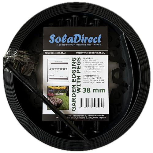 Grey Lawn Edging Border - 10 m / 33 ft Long Flexible Plastic Garden Edging & 20 Securing Pegs - Easy to Cut and Shape - Perfect for Flower Beds, Lawn, Pavement (38 mm High)