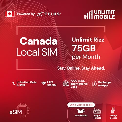 Image of Unlimit Mobile Canada Local SIM | Canada Student SIM Card | 1 Month 75GB High-Speed Data per Month | Unlimited Voice & Text | Prepaid SIM Card for Canada