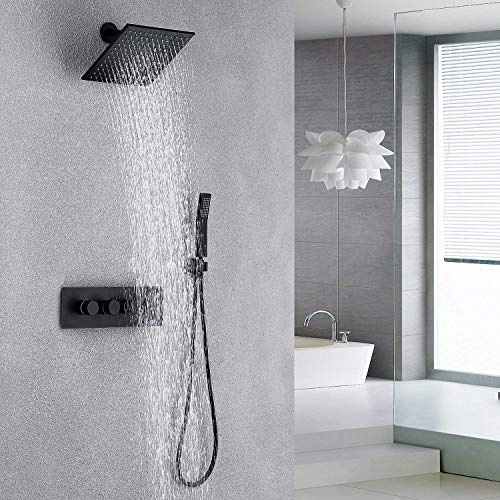 Système de douche pluie noir mat avec douchette haute pression et valve