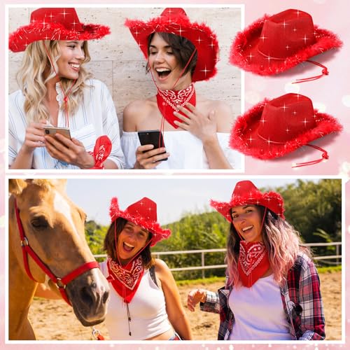 Image of Coume 12 Pcs Sparkly Adults Cowboy Hat and Bandanas Women Men Western Glitter Cowgirl Party Hats with Adjustable Drawstring