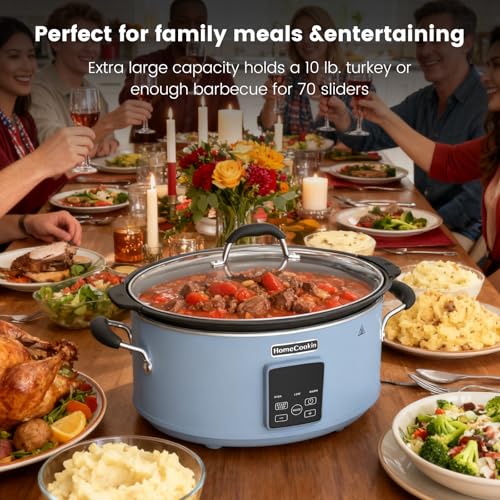 Image of HOMECOOKIN Slow Cooker, Extra Large 10 Quart Programmable Slow Cookers, Dishwasher Safe Glass Lid & Crock, Kitchen Appliance for Families and Gatherings, Blue