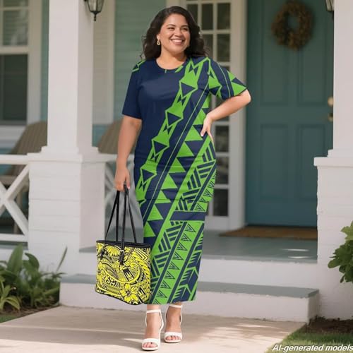 Image of Polynesian Dress for Women Short Sleeve High Waist Maxi Skirt | Puletasi dress, t-shirt and skirt two-piece, elastic material, lightweight, soft, plus size, luau party, wedding, clubwear