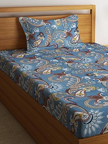 Image of Home Sizzler 144TC Artistic Dreams Teal Blue Double Bedsheet with 1 Pillow Cover