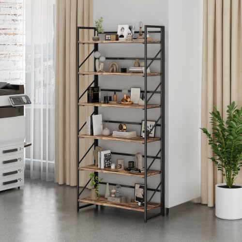 Image of JSB 6 Tier No Assembly Folding Bookshelf, 30.7 inch Wide Foldable Storage Bookcase for Home Office, Space-Saving Storage Shelf for Living Room (Fire Brown)