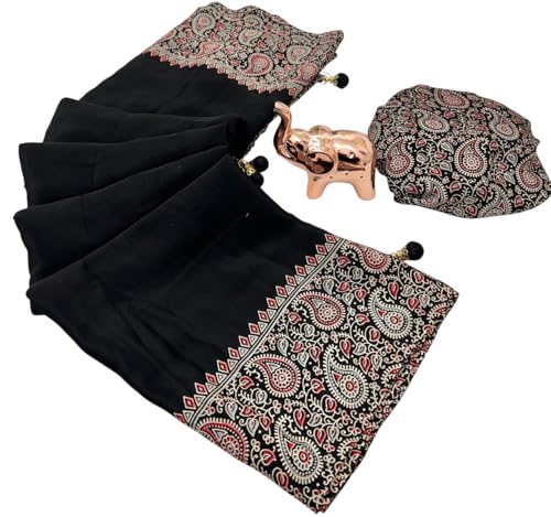 Image of SATIKA VASTRAM Modal Silk Ajrakh Saree Bandhani Design Crepe Printed Designer Pallu Attach Blouse Piece