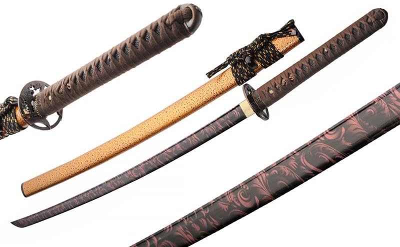 SZCO Sakura 41″ Samurai Sword Katana – 1045 Carbon Steel Sword Blade, Cord-Wrapped Handle, Gold Scabbard – Full Tang Martial Arts Practice Japanese Katana Sword for Collectors & Training