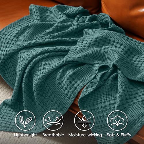 Image of PHF 100% Cotton Waffle Blanket Queen Size for Bed, Lightweight Breathable and Soft for Summer, Luxury Aesthetic Waffle Weave Blanket for Home Decor & Gifts for Women, 90 inchx90 inch, Teal