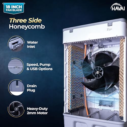 Image of HAVAI Thunder 18 Desert Cooler | 18 inch Heavy-Duty Aluminium Fan Blade | 110 Dia 35mm Powerful Motor | Auto Swing | 3-Side Honeycomb | 20 Ft Air Throw | 100L Tank | 1-Year Motor Warranty | White & Grey