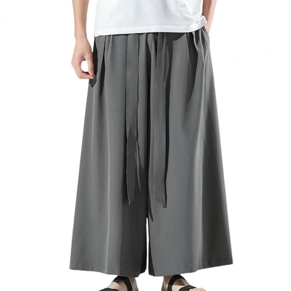 Abigprofit Pantalones Negros de Seda de Hielo para Hombre Hakama Kung Fu con Parte Inferior Ancha Wushu Kimono Pantalones Anchos Chinos