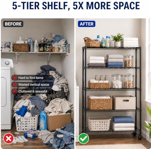 Image of Simple Deluxe 5-Tier Heavy Duty Storage Shelving Unit, 1250 Lbs Loading Capacity, 29.92 inch W x 13.98 inch D x 61.02 inch H, Black