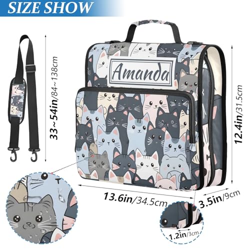 Image of Custom 3 Ring Zipper Binder Cat Cute Blue Personalized Name 1.5 inch Binders Large Capacity Multi Pockets for School Office Supplies