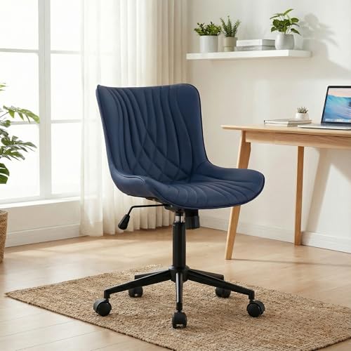 Image of YOUTASTE Navy Blue Office Chair, Faux Leather Armless Desk Chair with Wheels, Height Adjustable, Swivel, Rocking, 300 lbs Capacity, Metal Base, for Home Office Vanity, Purple