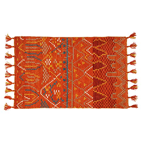 萩原 玄関マット 屋内 オレンジ 約45×75cm 「クームース ガンター」 ウール100% 羊毛 手織り ノルディック エスニック