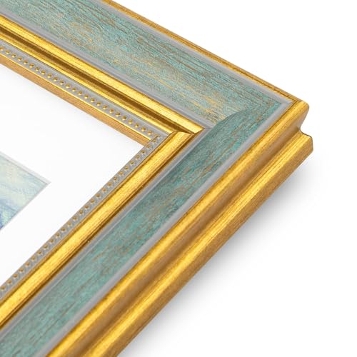 Image of Golden State Art,12x16 Ornate Picture Frame Holds 8x12 Photo,Blue Gold | Includes plexiglass front,white mat,build-in hangers and buttons.Displays 8x12 photo on wall