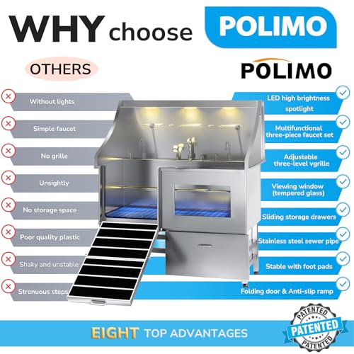 POLIMO Dog Washing Station, LED Professional Stainless Steel Dog Bathing Station, Dog Bathtub for Large, Medium & Small Dog, Dog Bathtub with Window, Ramp, Drawer, Floor Grate & Fauct ?Left RAMP, 50