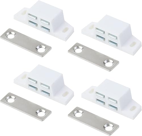 4 pestillos magnéticos de gabinete de plástico blanco alto magnético para puertas de gabinete, armarios, cajones y persianas, tornillos incluidos