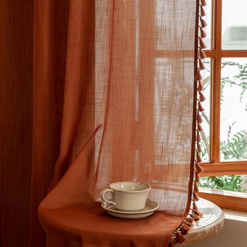 Image of MYSKY HOME Semi Sheer Short Macrame Curtains for Window Treatment,Bohemian Country Home Decor Light Filtering Privacy Protect Back Tab Drapes,50 inch Wx63 inch L, Terracotta, 2 Pieces