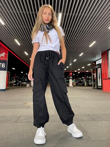 Image of Girls Cargo Pants Size 14-16 Black Winter Cargo Pants for Girls Joggers Pants Drawstring