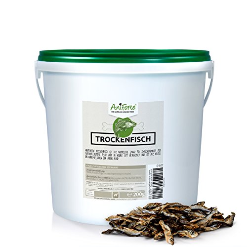 AniForte Trockenfisch für Hunde 200g - Natürlicher Snack, Belohnung oder als Leckerlie für alle Hunderassen, Fischsnack luftgetrocknet, zur Ergänzung zum Hundefutter, Dörrfleisch, im kleinen wiederverschließbaren Eimer