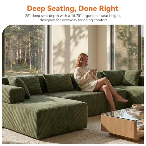 Image of MONVANE 141 inch U Shaped Cloud Sectional Couch with Chaise Lounge, Modular Sectional Sofa with Removable Armrests, Comfy Corduroy Boneless Couches for Living Room, No Assembly Required, Green