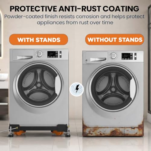 Image of ZOLMIX Washing Machine Stand Adjustable for 6kg, 6.5kg, 7kg, 8kg, 9 & 10kg | Top Load & Front Load Heavy Duty Fridge Stand for Dishwasher & Cooler | Anti Vibration Pads | 200kg Capacity | Black Orange
