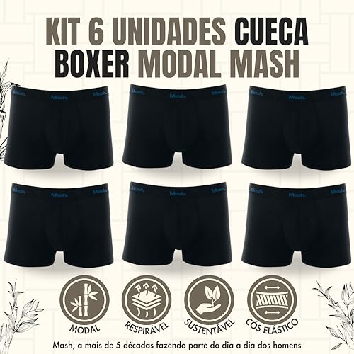 Kit 6 Cuecas Boxer Modal Tecnologia Low Pilling Elástico em Relevo Mash Adulto Masculino, 6 Preta, M