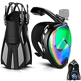 Odoland Snorkeling Packages, Diving Full Face Mask with Camera Mount, Adjustable Swim Fins, Mesh Bag, Anti-Fog Snorkel Set, UV 400 Protection, Dive Mask Fins Set for Men Women Adult,Black Green L