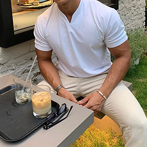 Cylady Men's Undershirt Casual Cotton V Neck Short Sleeves Muscle Slim Fit Tops White #TOP2