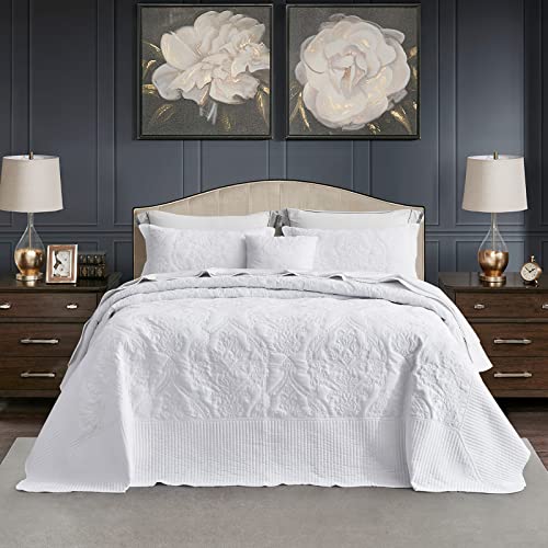 Image of CHIXIN Oversized King Bedspread 128x120 Extra Wide - Lightweight Bedding Cover - Beautiful Stitching - 5 Piece Reversible Bedspread - Gorgeous Damask Paisley Pattern (King /Cal King, Pure White)