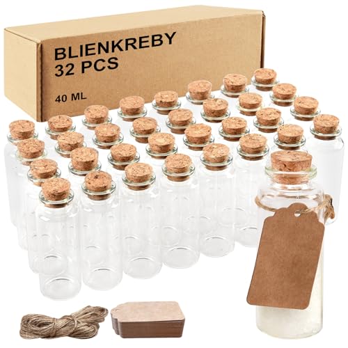 BLIENKREBY 32 Pezzi Vasetti Vetro Piccoli, 40ml bottigliette di vetro piccole, Bottiglie Vetro con Pendenti Etichette, Bomboniere Matrimonio per Regalo Feste Decorazione Matrimoni