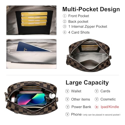 Image of Small Crossbody Bags for Women Genuine Leather, Guitar Strap Shoulder Handbag Purse Camera Bag with Rfid Card Slots, Khaki Checkered