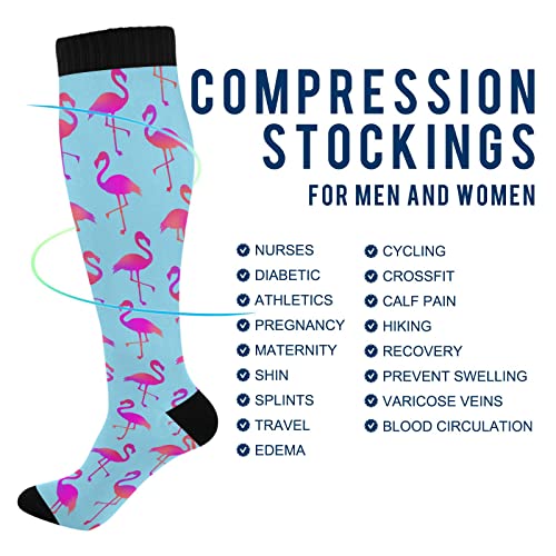 Wusikd Flamingo Compression Socks for Women and Men Circulation Blue Long Socks for Athletic Running 14