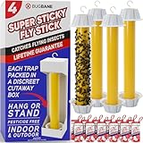 Fly Stick Sticky Fly Traps for Indoors Outdoor 4pk with 12 Ribbons. Non-Toxic Super Sticky Hanging Flies Catcher Paper Tape Strips for Home