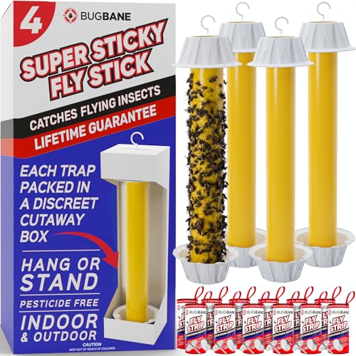 Fly Stick Sticky Fly Traps for Indoors Outdoor 4pk with 12 Ribbons. Non-Toxic Super Sticky Hanging Flies Catcher Paper Tape Strips for Home