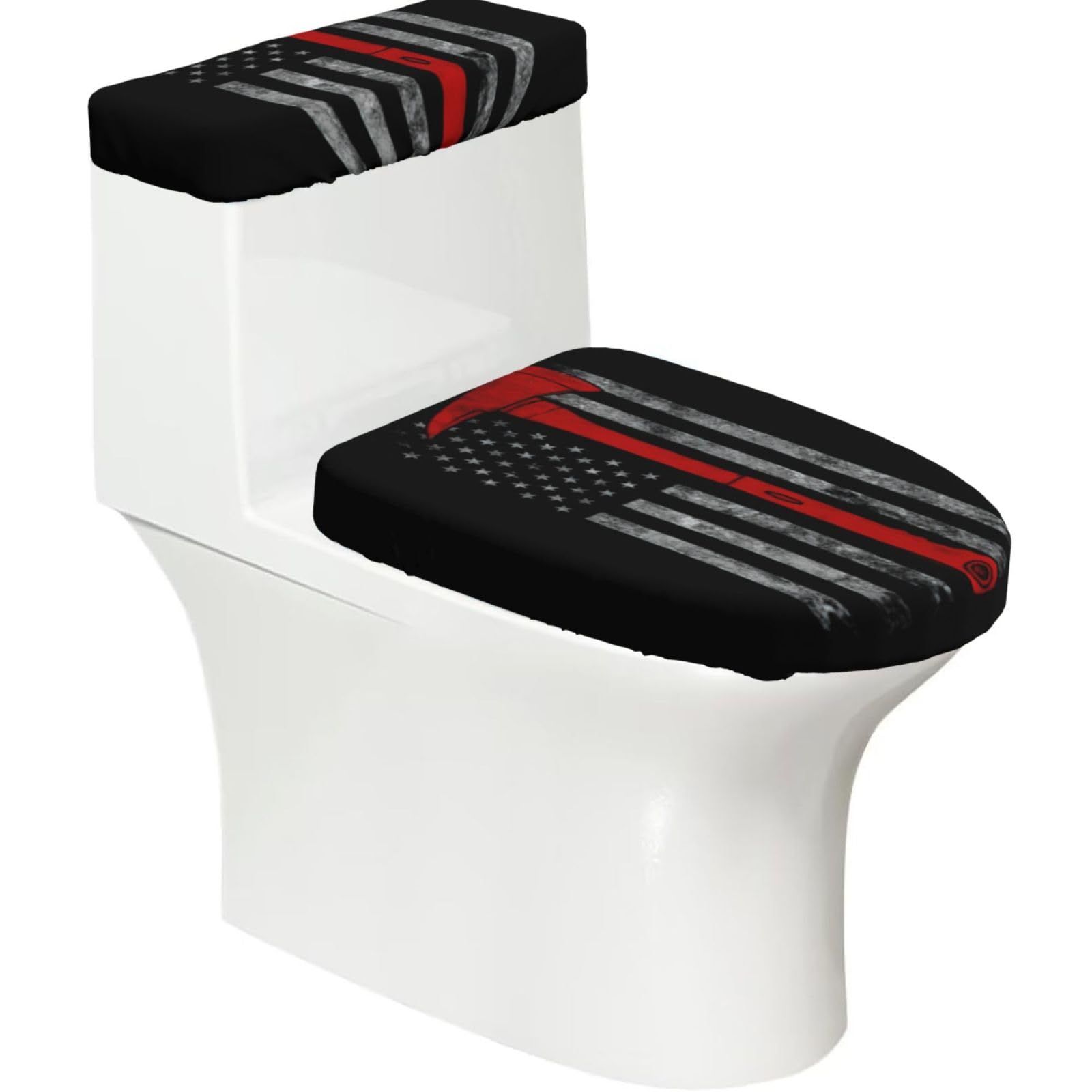 Firefighter Axe Red Line Flag Printed Toilet Tank and Lid Cover Set of 2 for Most Bathrooms, Fits Elongated Round Toilets